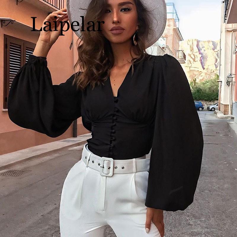 Autumn Women Black Deep V-Neck Party Shirt Solid Button Lantern Sleeve Blouses Elegant Slim Long Sleeve Sexy Shirt