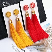 BICUX Fashion Bohemian Tassel Crystal Long Earrings White Red Silk Fabric Drop Dangle Tassel Earrings For Women 2019 Jewelry
