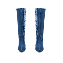 BLue Female Shoes Long boots Cowboy Autumn Winter Fashion Casual Punk High Heels Zipper Warm Ultra-High Heel Non-slip women Boot