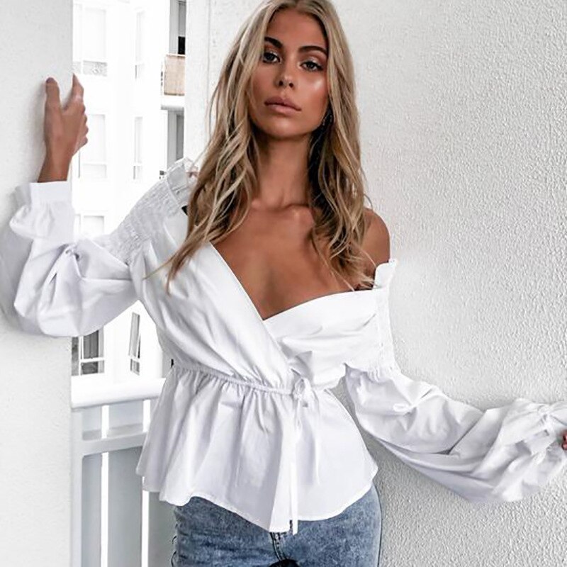 Bellflower Lantern Sleeve Ruffles Sexy Blouse Women V-Neck White Off Shoulder Top Tunic Shirts Blusas Mujer De Moda 2019