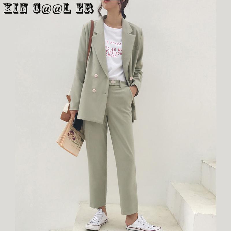 Blazer Jacket & Pant Vintage Autumn Winter Thicken Women Pant Suit Light Green Notched Office Wear Women Suits Female Sets