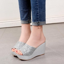 Bling Sequine Platform Slippers Women Wedge Slides Women Slippers Summer Casual Thick Sole Silver Shoes Mules High Heels Sandals