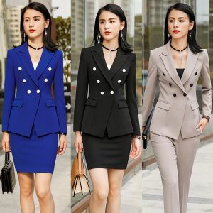 Blue Formal Elegant Uniform Styles Blazers Suits Two Piece With Tops and Skirt For Ladies Office Work Wear Jacket Blazer Sets