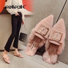 Buckle Mules Shoes Women Flat Furry Loafer Pointed Toe Fur Slides Ladies Fashion Warm Home Slippers Slip On Designer Shoe Female