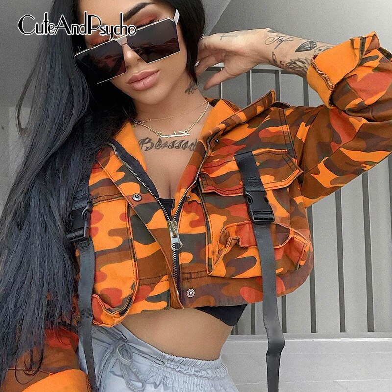 Camouflage Jackets Women Coat Pockets Buckle Cropped Tops Streetwear Casual Long Sleeve Zipper Button Outwear Camo Cuteandpsycho