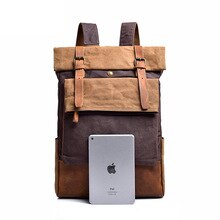 Canvas with crazy horse skin men's backpack trend European and American style schoolbag all kinds of backpacks retro British