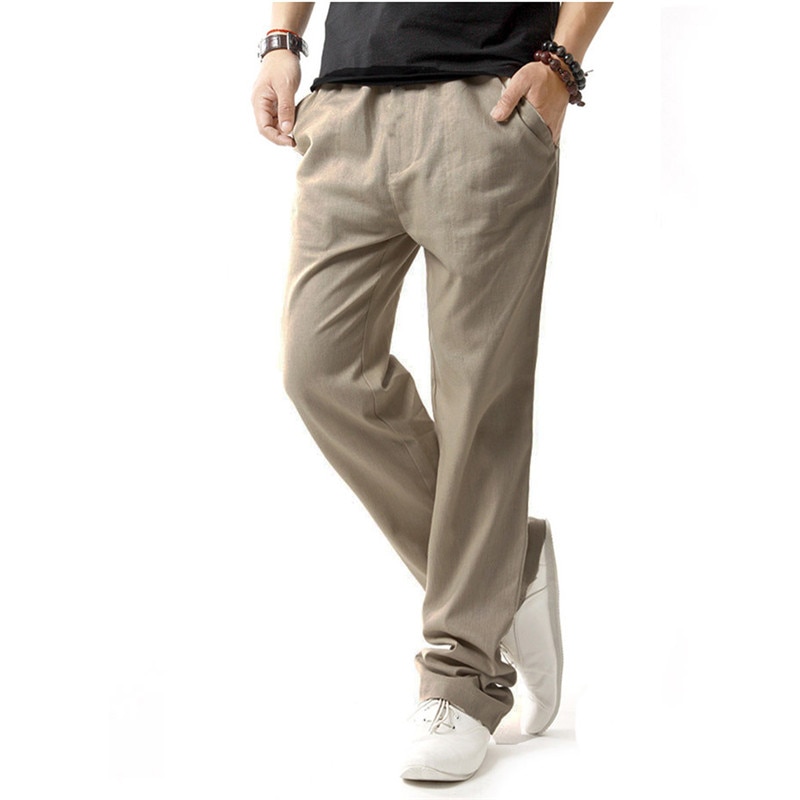 Casual Linen pants Men fashion loose pants Harem pants men Beige Elastic Waist Straight Trousers pantalon homme  TJWLKJ
