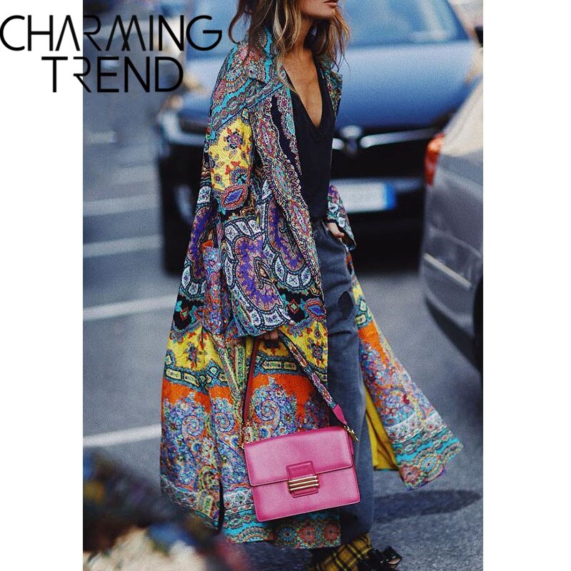 Chic Ethnic style Lapel Floral Printed Oversize Long women Coat Floral Print 2020 Spring Fashion Street Style Maxi Women  Jacket
