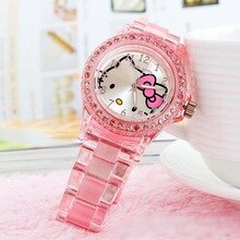 Children Hello Kitty Watch Rhinestone Plastic Strap Watch Hodinky Kids Transparent Watch Ladies Girls Watch Gifts Clock Relogio