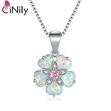 CiNdy White Fire Opal Pink Stone Necklace Flower Silver Chain Zircon Pendant Charm Summer Jewelry Female Gift