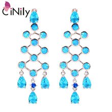 Blue Fire Opal Aquamarine Sapphire Silver Earrings Wholesale Retail  For Fashion Women Jewelry Stud Earrings 2 1/8" OH3926