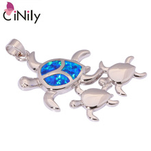 CiNily Created Blue White Fire Opal Silver Plated Wholesale Lovely Cute Tortoise for Women Jewelry Pendant 1 3/8" OD6335-36