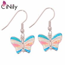 Butterfly ! Elegant & Wholesale & Retail For Women Jewelry Blue White Pink Fire Opal & Silver Dangle Earrings 1 1/8" OH3265