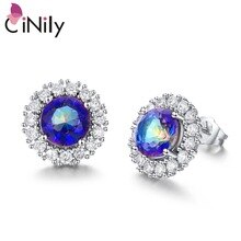 Hot ! Unique & Distinctive & Wholesale & Retail For Women Jewelry Mystic Topaz & Cubic Zirconia Silver Stud Earrings 14mm OH3453
