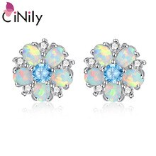 CiNily White Fire Opal Stud Earrings Zircon Silver Plated Women Jewelry Large Hoop Flower Stud Earrings OH4647-49