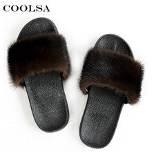 Coolsa Luxury Women Real Mink Fur Sandals Fluffy Fur Slides Rubber Flat Non-slip Casual Home Slippers Soft Lady Large Size Shoes