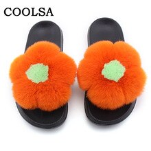 Coolsa New Women Flower Flip Flops Real Rabbit Hair Fur Slippers Cute Floral Soft Sunflower Sandal Outdoor Lady Casual Hot Shoes