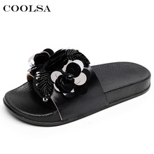 Coolsa Summer Women Beach Slippers Flowers Bling Sandals Flat Non Slip Sequins Ladies Jelly Slides Home Flip flops Casual Shoes
