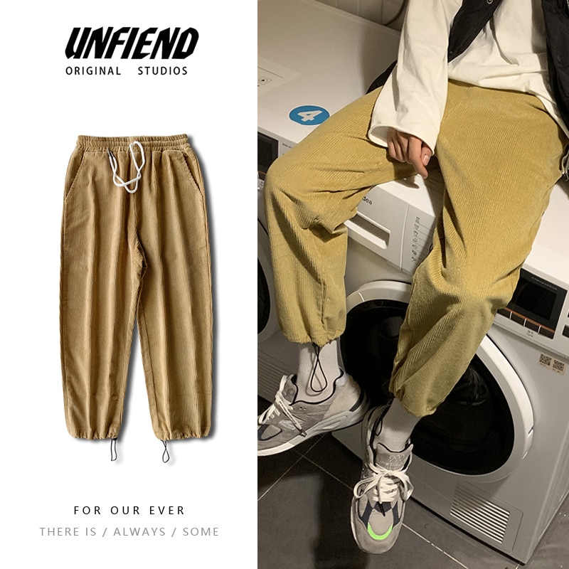 Corduroy Pants Men's Fashion Solid Color Retro Drawstring Casual Pants Men Streetwear Wild Loose Hip Hop Trousers Mens S-2XL
