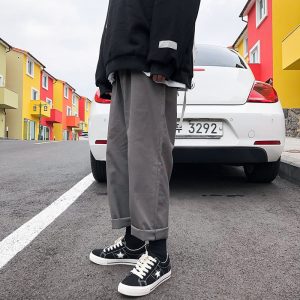 Cotton Casual Pants Men's Fashion Solid Color Drawstring Joggers Pants Men Streetwear Wild Hip-hop Loose Straight Trousers Mens
