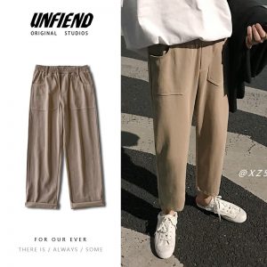 Cotton Casual Pants Men's Fashion Solid Color Elastic Waist Joggers Pants Men Streetwear Loose Hip Hop Straight Trousers Mens