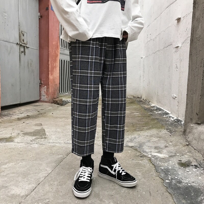 Cotton Plaid Pants Men's Fashion Casual Retro Straight Trousers Mens Streetwear Wild Loose Hip Hop Pants Men M-2XL