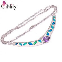 Created Blue Fire Opal Amethyst Silver Plated Necklaces Wholesale Retail New Style for Women Jewelry Necklace 17 7/8" OL47