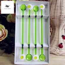 Custom New Hand made White glass flower statue decorative green long handle glass spoon Bar kitchen creative tableware teaspoon