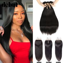 Debut Hair Straight Human Hair 3 Bundles With Closure Brazilian Non Remy Lace Closure With Bundle Deals 8-28inch Hair Extensions
