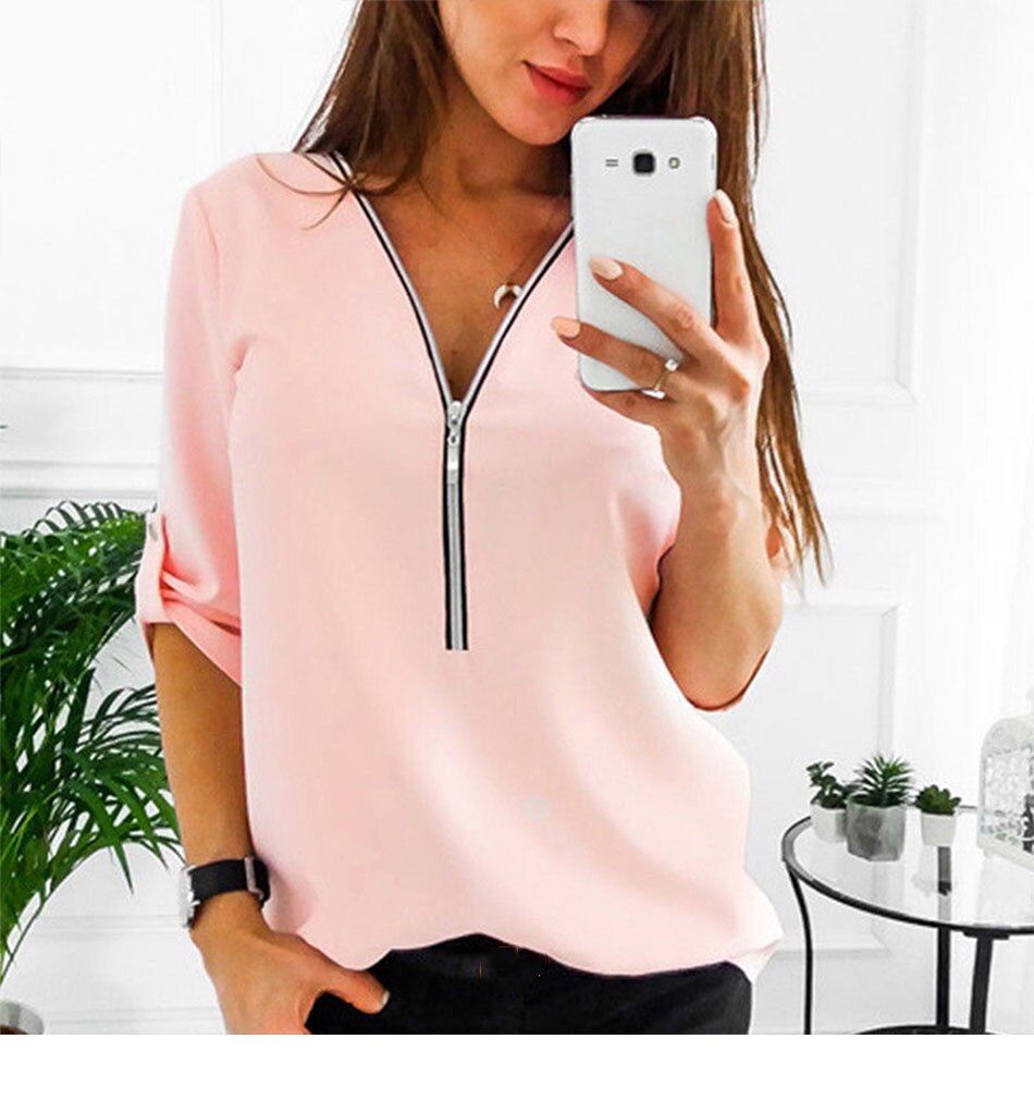 Dihope 2020 Autumn Zipper Short Sleeve Women Shirts Sexy V Neck Solid Women Top Blouses Casual Tee Shirt Tops Female Plus Sizes