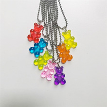 Doreen Box New Fashion Cartoon Multicolor Transparent Resin Bear Necklace Women Party Gifts Stainless Steel Bead Chain Jewelry