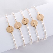 Doreen Box New Personalized Simple Bracelets Dainty Gold Silver 26 Letter Dainty Bracelet Minimal Friendship Pearl Round Jewelry