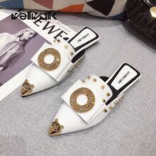 Dress Mules Slippers Women Flat Shoes Rhinestone Buckle Designer Shoe Woman Fashion Studded Rivet Slides Pointed Toe Shoe Woman