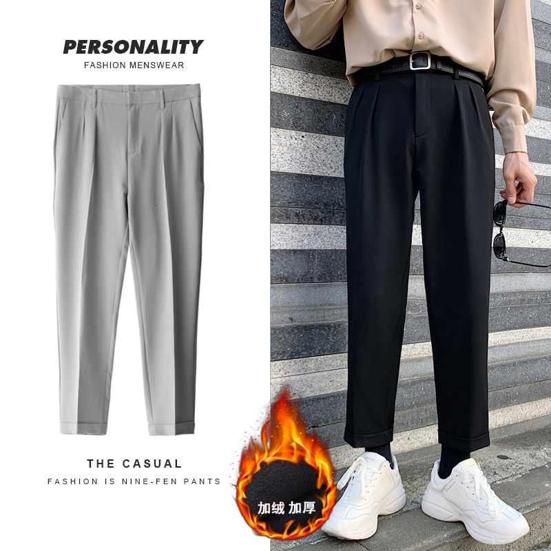 Dress Pants Men's Slim Fashion Solid Color Business Casual Suit Pants Men Streetwear Straight Plus Velvet British Style Trousers