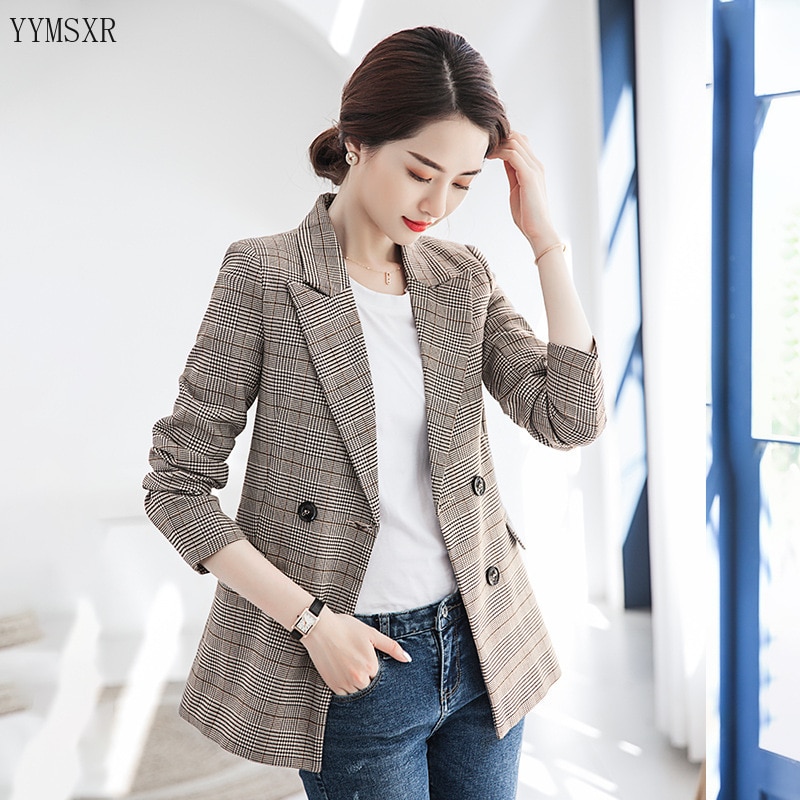 Elegant ladies' business attire 2020 spring and autumn casual checked women's blazer Fashion retro feminine jacket Suit Female
