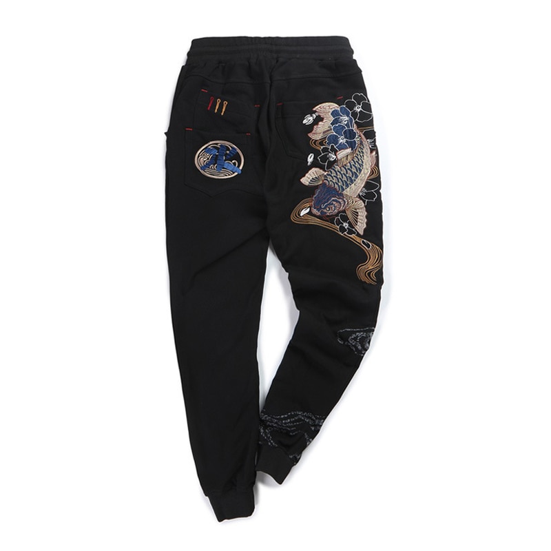 Embroidered Carp Casual Fashion Brand Velvet Trousers Elastic Waist Appliques Full Length Loose Cotton Linen Pants Men Cargo