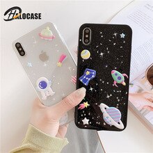Epoxy TPU Phone Cases For iPhone 7 8 6 6s Plus Spaceship Astronaut Glitter Stars Space Cute Pattern Cover For iPhone XS MAX XR X