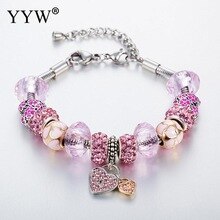 European Big Hole Pink Charm Pand Bracelet For Women Luck Jewelry Brass Chain Jewellery Trendy Crystal Preciosa Charms Beads