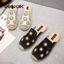 Fashion Jean Shoes Women Espadrilles Open Back Flat Loafers Female Rhinestone Hemp Shoe Woman Slip On Slides Spring Autumn Mules