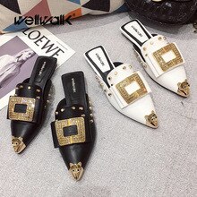 Fashion Mules Slippers Women Flat Shoes Studded Rivet Slides Female Summer Dress Loaders Ladies Rhinestone Buckle Shoes Woman
