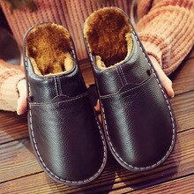 Fashion Sewing Genuine Leather Slippers Men Short Plush Warm Winter Slippers Man Big size 44 TPR  Comfy Home Slippers for men