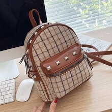 Fashion Women Backpack Girl Woolen School Bags Rivet Plaid Student Backpack Pu Leather Bags Teenage Lady's mochila sac a dos