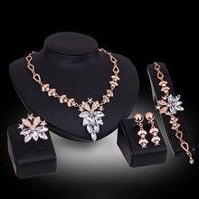 Fashion Women's Wedding Bracelet Necklace Dubai Gold Jewelry Set Clear Crystal Statement Ring Earrings Valentine's Day present