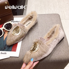 Fur Loafers Women Winter Moccasins Plush Sexy Rhinestone Metal Buckle Female Furry Flat Shoes Pointed Toe Fashion Home Shoes