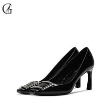 GOXEOU Women's Pumps Patent Leather Metal Button Square Toe High Heelds Office Pump Classic Fashion Shoes