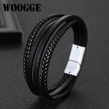 Geometric Men Jewelry Genuine Leather Bracelets Fashion New Magnetic Clasp Vintage Black/Brown Rope Chain for Gifts