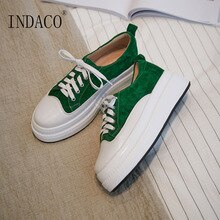 Green Sneakers Platform Lace Up Leather Women Sneakers 5.5cm