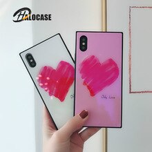 HALOCASE Square Tempered Glass Case for iphone X Hard Glass+Soft TPU Frame Cover for iphone 8 8plus 7 7plus Back Case Love Heart