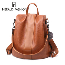 HERALD FASHION Anti-thief Women Backpack with Hair Ball Quality Leather Large Capacity School Bag for Teenager girls Travel Bags