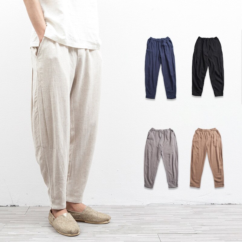 Harem Pants Linen casual pants mens trousers Casual fashion trousers Hip hop Beach Male Sweatpants Man Loose Cotton Linen beige